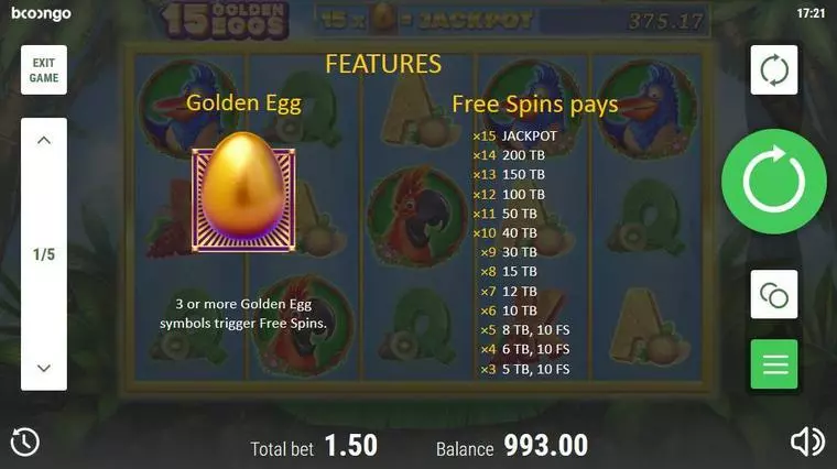  Free Spins Feature at 15 Golden Eggs 5 Reel Mobile Real Slot created by Booongo