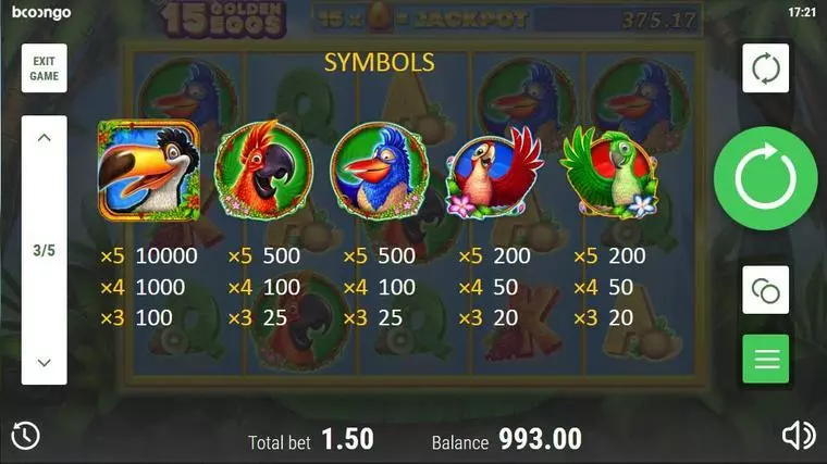  Paytable at 15 Golden Eggs 5 Reel Mobile Real Slot created by Booongo