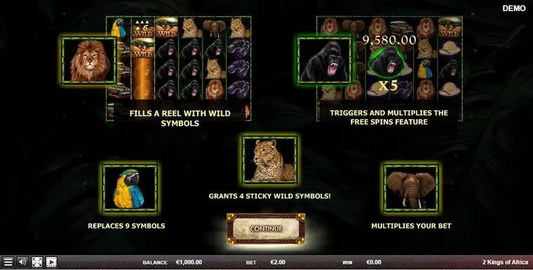  Info and Rules at 2 Kings of Africa 6 Reel Mobile Real Slot created by Red Rake Gaming