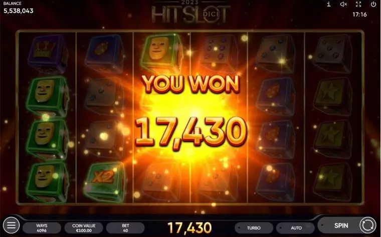  Winning Screenshot at 2023 Hit Slot Dice 6 Reel Mobile Real Slot created by Endorphina