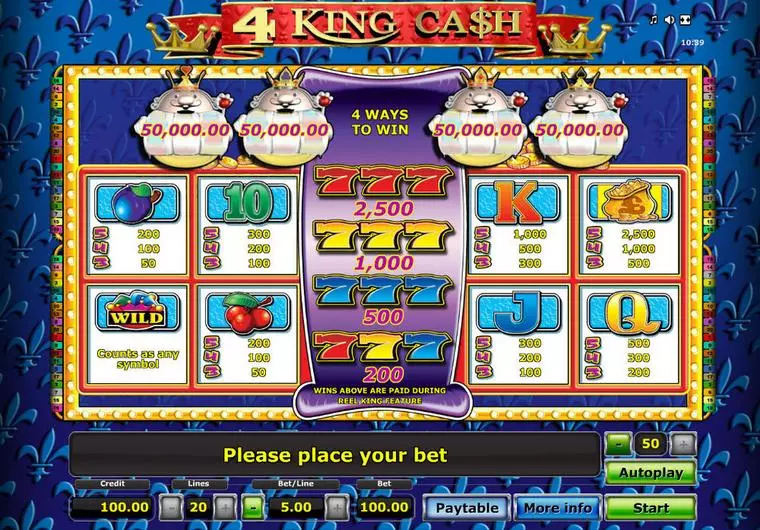  Info and Rules at 4 King Ca$h 5 Reel Mobile Real Slot created by Novomatic