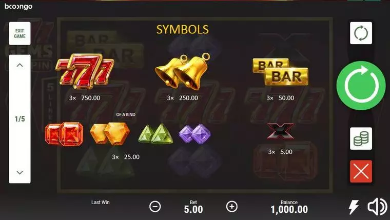  Paytable at 777 Gems: Respin 3 Reel Mobile Real Slot created by Booongo