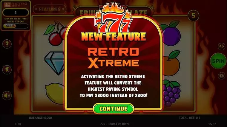  Introduction Screen at 777 – Fruits Fire Blaze 3 Reel Mobile Real Slot created by Spinomenal