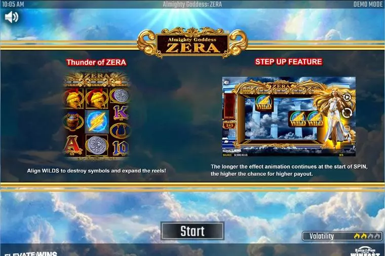  Info and RulesIntroduction Screen at Almighty Goddess ZERA 5 Reel Mobile Real Slot created by Win Fast Games