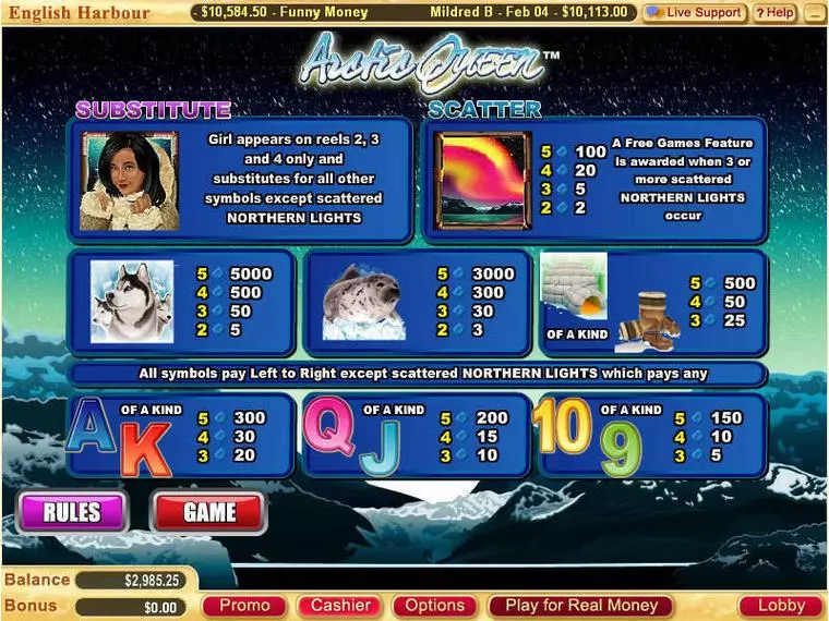  Info and Rules at Arctic Queen 5 Reel Mobile Real Slot created by Vegas Technology