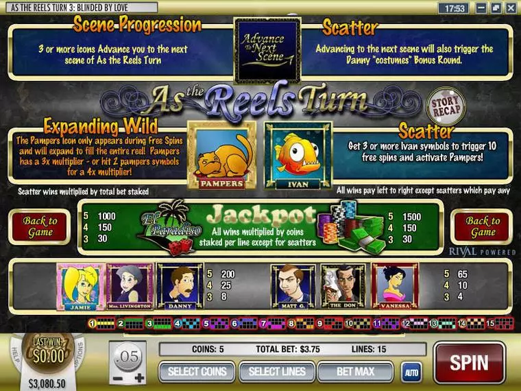  Info and Rules at As the Reels Turn 3 5 Reel Mobile Real Slot created by Rival