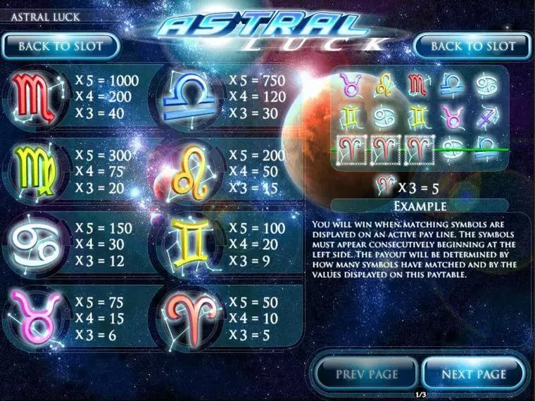  Info and Rules at Astral Luck 5 Reel Mobile Real Slot created by Rival
