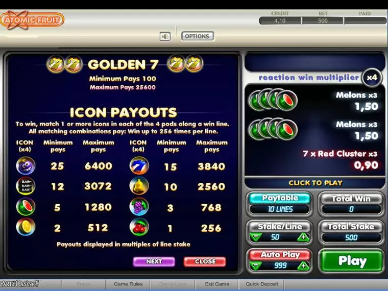  Info and Rules at Atomic Fruit 4 Reel Mobile Real Slot created by bwin.party