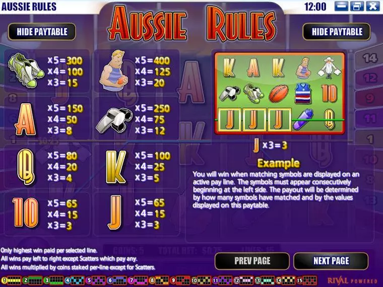  Info and Rules at Aussie Rules 5 Reel Mobile Real Slot created by Rival