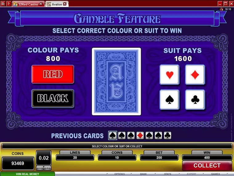  Gamble Screen at Avalon 5 Reel Mobile Real Slot created by Microgaming