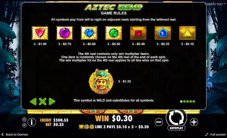  Paytable at Aztec Gems 3 Reel Mobile Real Slot created by Pragmatic Play