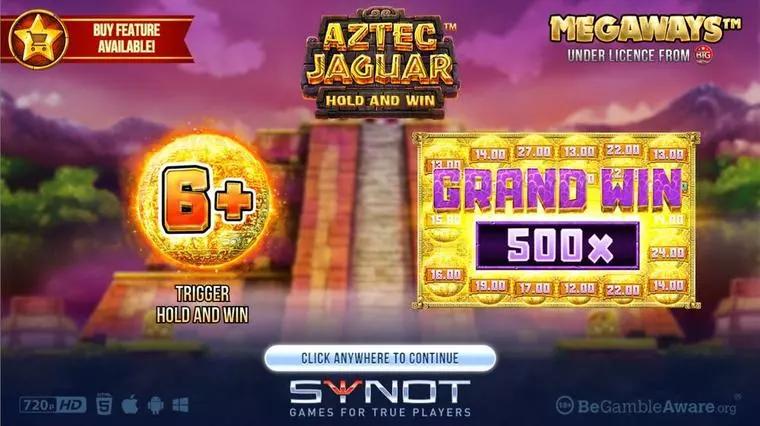  Introduction Screen at Aztec Jaguar Megaways 6 Reel Mobile Real Slot created by Synot Games