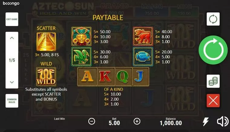  Paytable at Aztec Sun 5 Reel Mobile Real Slot created by Booongo