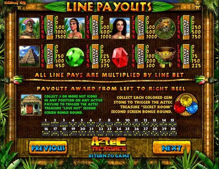  Info and Rules at Aztec Treasures 5 Reel Mobile Real Slot created by BetSoft