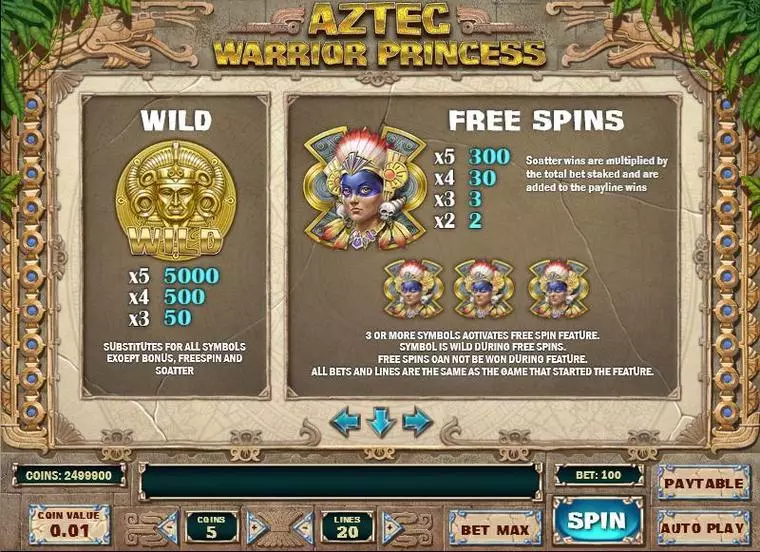  Info and Rules at Aztec Warrior Princess 5 Reel Mobile Real Slot created by Play'n GO
