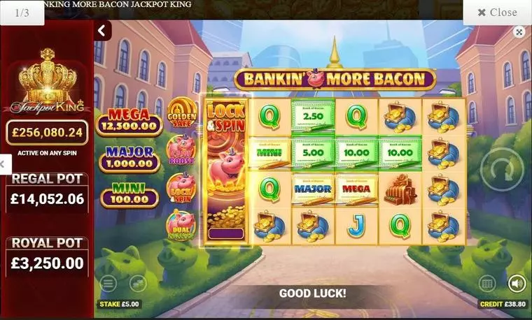  Introduction Screen at Bankin' more bacon Jackpot King 5 Reel Mobile Real Slot created by Blueprint Gaming