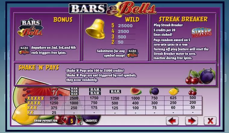  Info and Rules at Bars & Bells 5 Reel Mobile Real Slot created by Amaya