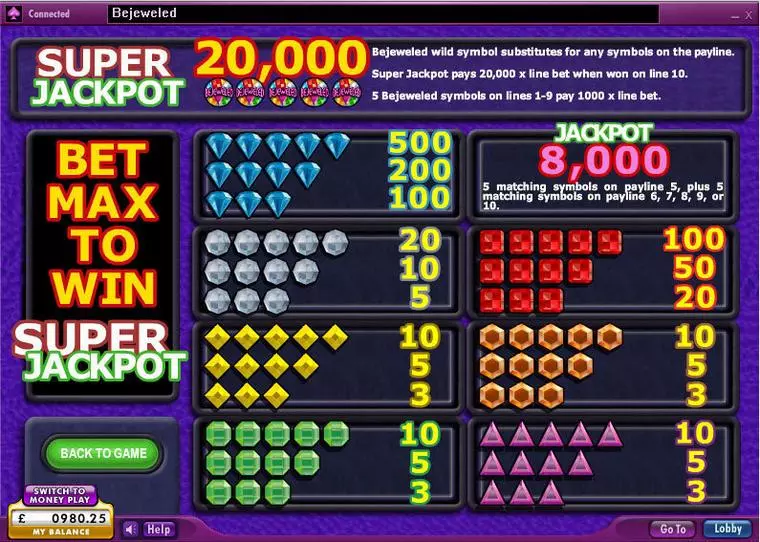  Info and Rules at Bejeweled 0 Reel Mobile Real Slot created by 888