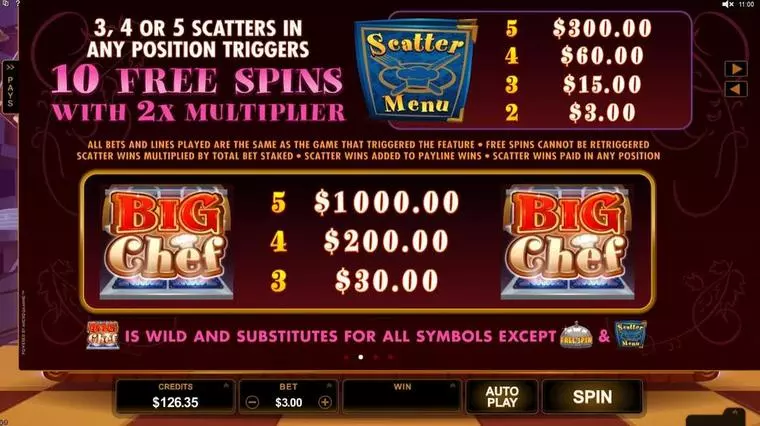 Info and Rules at Big Chef 5 Reel Mobile Real Slot created by Microgaming