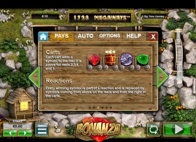  Info and Rules at Bonanza Megaways 6 Reel Mobile Real Slot created by Big Time Gaming