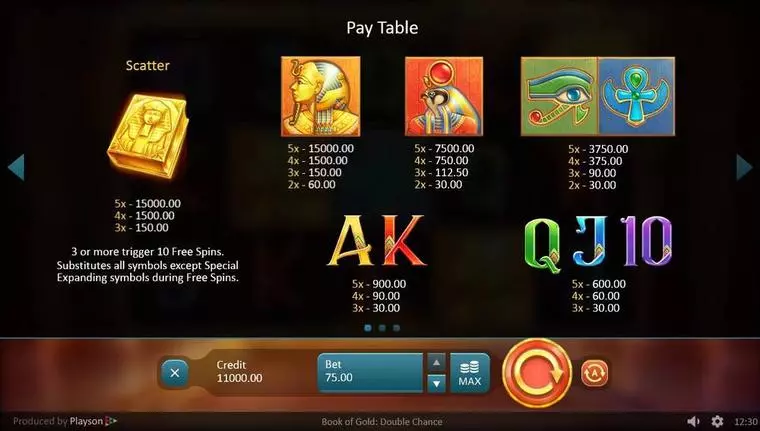  Paytable at Book of Gold: Double Chance 5 Reel Mobile Real Slot created by Playson