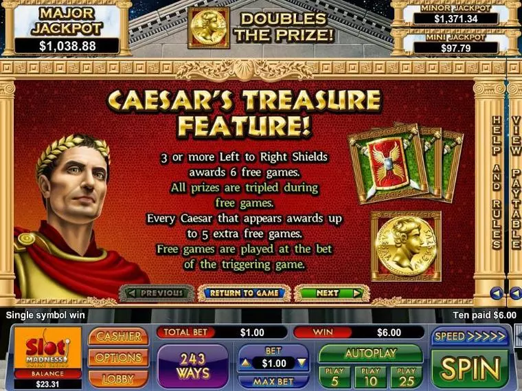  Info and Rules at Caesar's Treasure 5 Reel Mobile Real Slot created by NuWorks