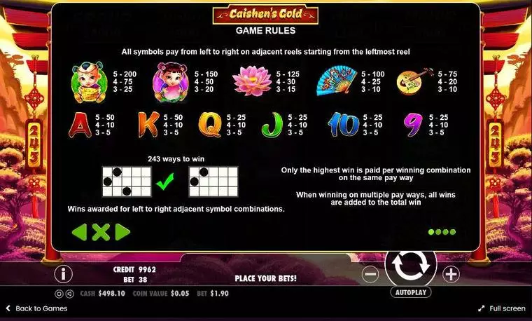 Info and Rules at Caishen’s Gold 5 Reel Mobile Real Slot created by Pragmatic Play