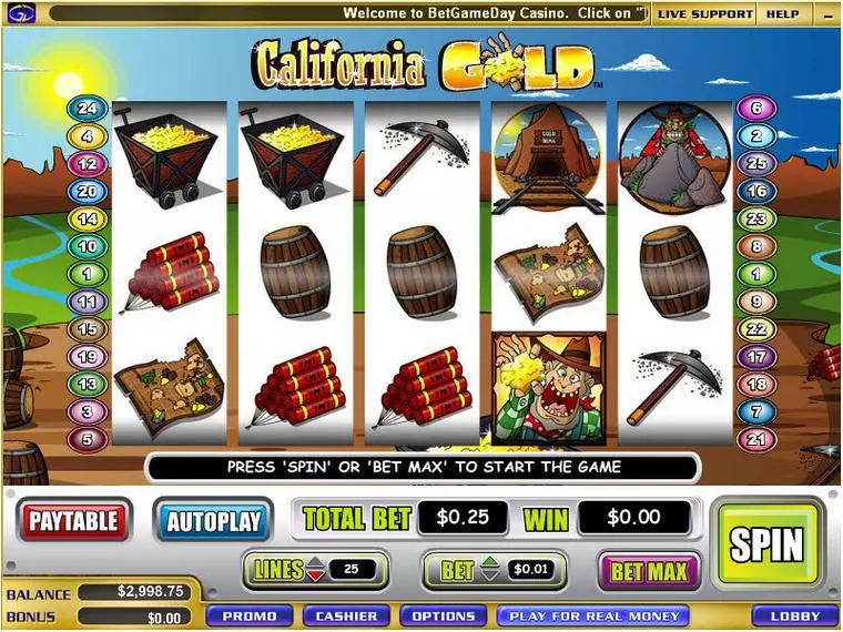  Main Screen Reels at California Gold 5 Reel Mobile Real Slot created by WGS Technology