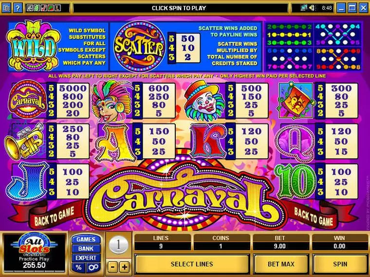  Info and Rules at Carnaval 5 Reel Mobile Real Slot created by Microgaming