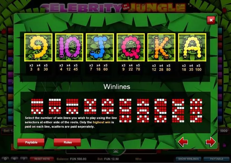  Paytable at Celebrity in the Jungle 5 Reel Mobile Real Slot created by 1x2 Gaming