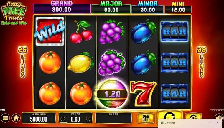  Main Screen Reels at Crazy Free Fruits 5 Reel Mobile Real Slot created by Synot Games