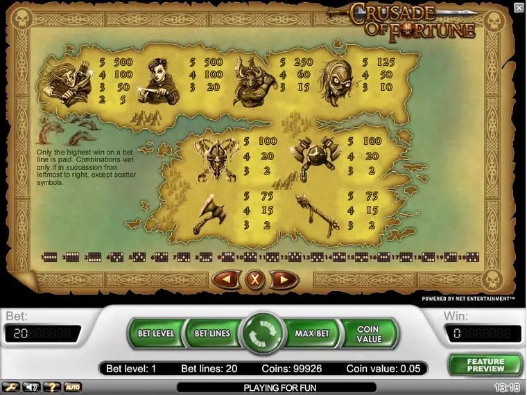  Info and Rules at Crusaders of Fortune 5 Reel Mobile Real Slot created by NetEnt