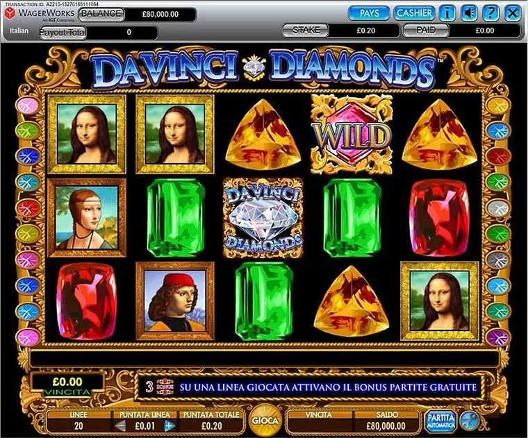  Introduction Screen at Da Vinci Diamonds 5 Reel Mobile Real Slot created by IGT