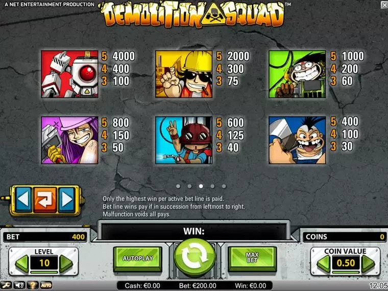  Info and Rules at Demolition Squad 5 Reel Mobile Real Slot created by NetEnt