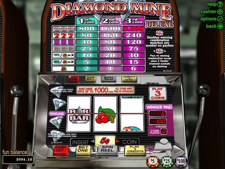  Main Screen Reels at Diamond Mine Deluxe 3 Reel Mobile Real Slot created by RTG