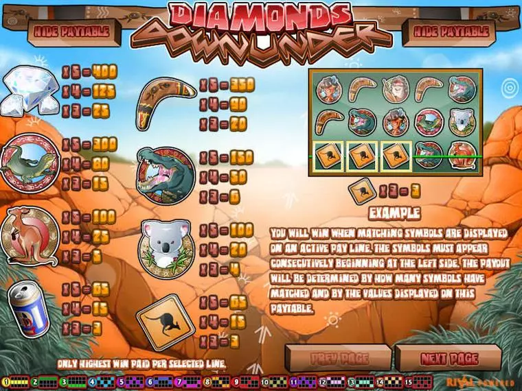  Info and Rules at Diamonds Downunder 5 Reel Mobile Real Slot created by Rival