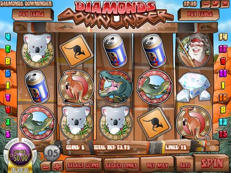  Main Screen Reels at Diamonds Downunder 5 Reel Mobile Real Slot created by Rival