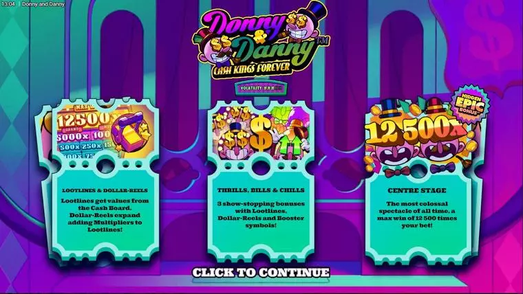  Introduction Screen at Donny and Danny 5 Reel Mobile Real Slot created by Hacksaw Gaming