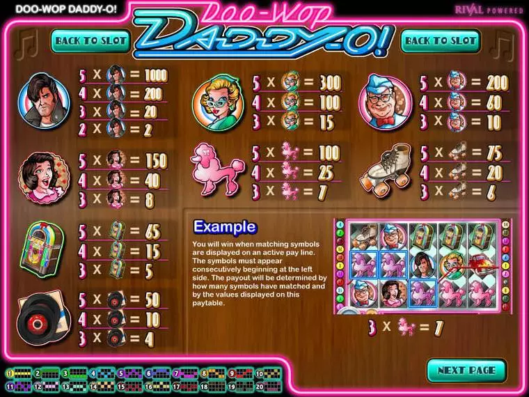  Info and Rules at Doo-wop Daddy-O 5 Reel Mobile Real Slot created by Rival