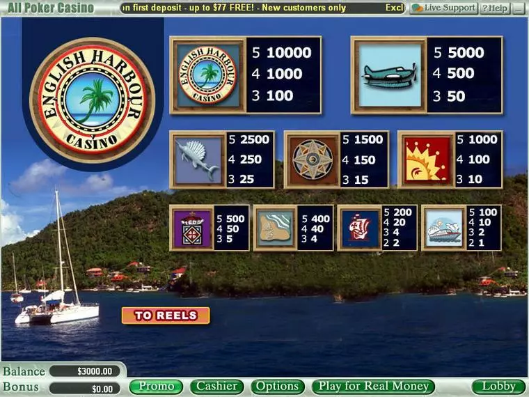  Info and Rules at English Harbour 5 Reel Mobile Real Slot created by Vegas Technology
