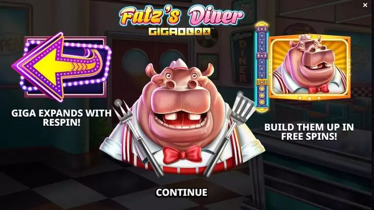  Introduction Screen at Fatz’s Diner GigaBlox 5 Reel Mobile Real Slot created by Yggdrasil