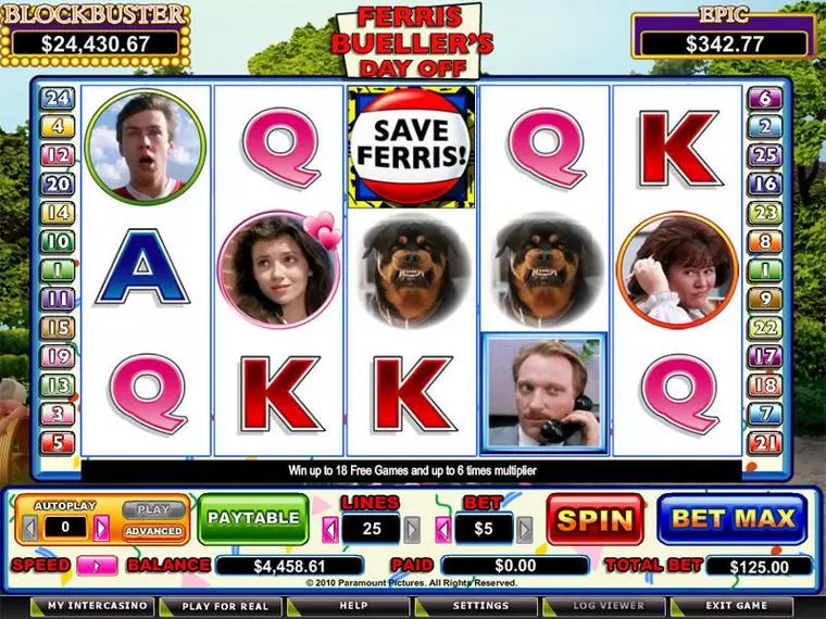  Main Screen Reels at Ferris Bueller 5 Reel Mobile Real Slot created by CryptoLogic