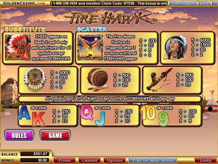  Info and Rules at Fire Hawk 5 Reel Mobile Real Slot created by WGS Technology