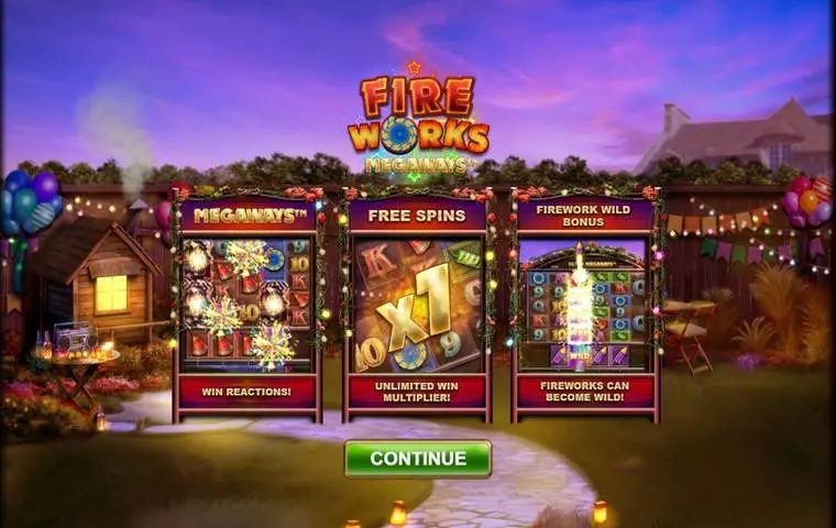  Introduction Screen at Fireworks Megaways 6 Reel Mobile Real Slot created by Big Time Gaming