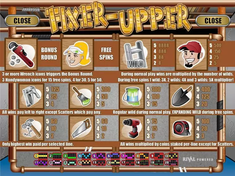  Info and Rules at Fixer Upper 5 Reel Mobile Real Slot created by Rival