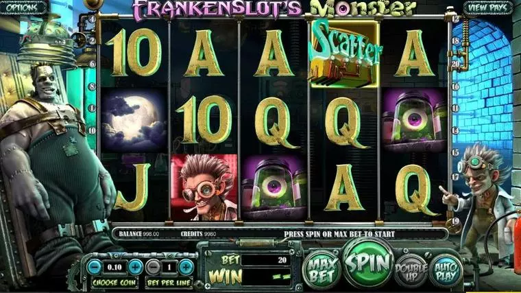  Introduction Screen at Frankenslot’s Monster 5 Reel Mobile Real Slot created by BetSoft