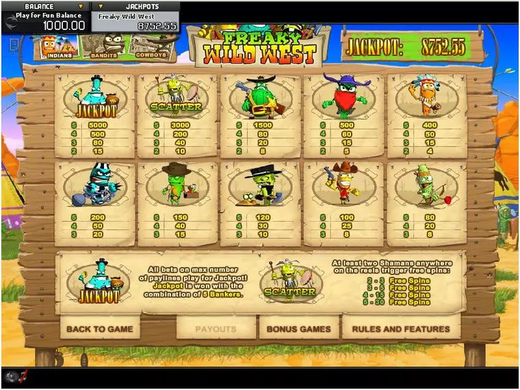  Info and Rules at Freaky Wild West 5 Reel Mobile Real Slot created by GamesOS