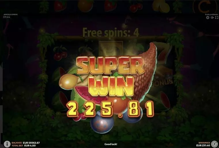  Introduction Screen at Fruits and Bombs 5 Reel Mobile Real Slot created by Mancala Gaming