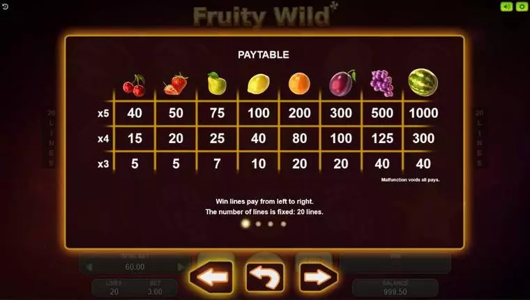  Paytable at Fruity Wild 5 Reel Mobile Real Slot created by Booongo
