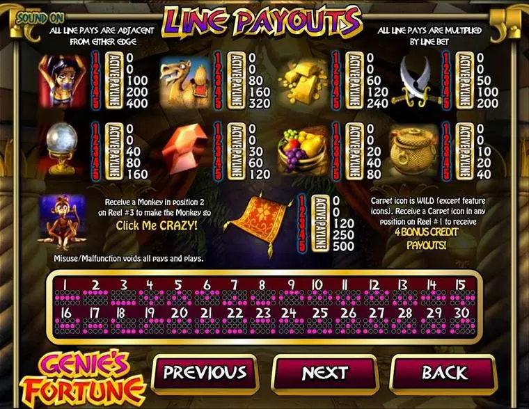  Paytable at Genie's Fortune 5 Reel Mobile Real Slot created by BetSoft